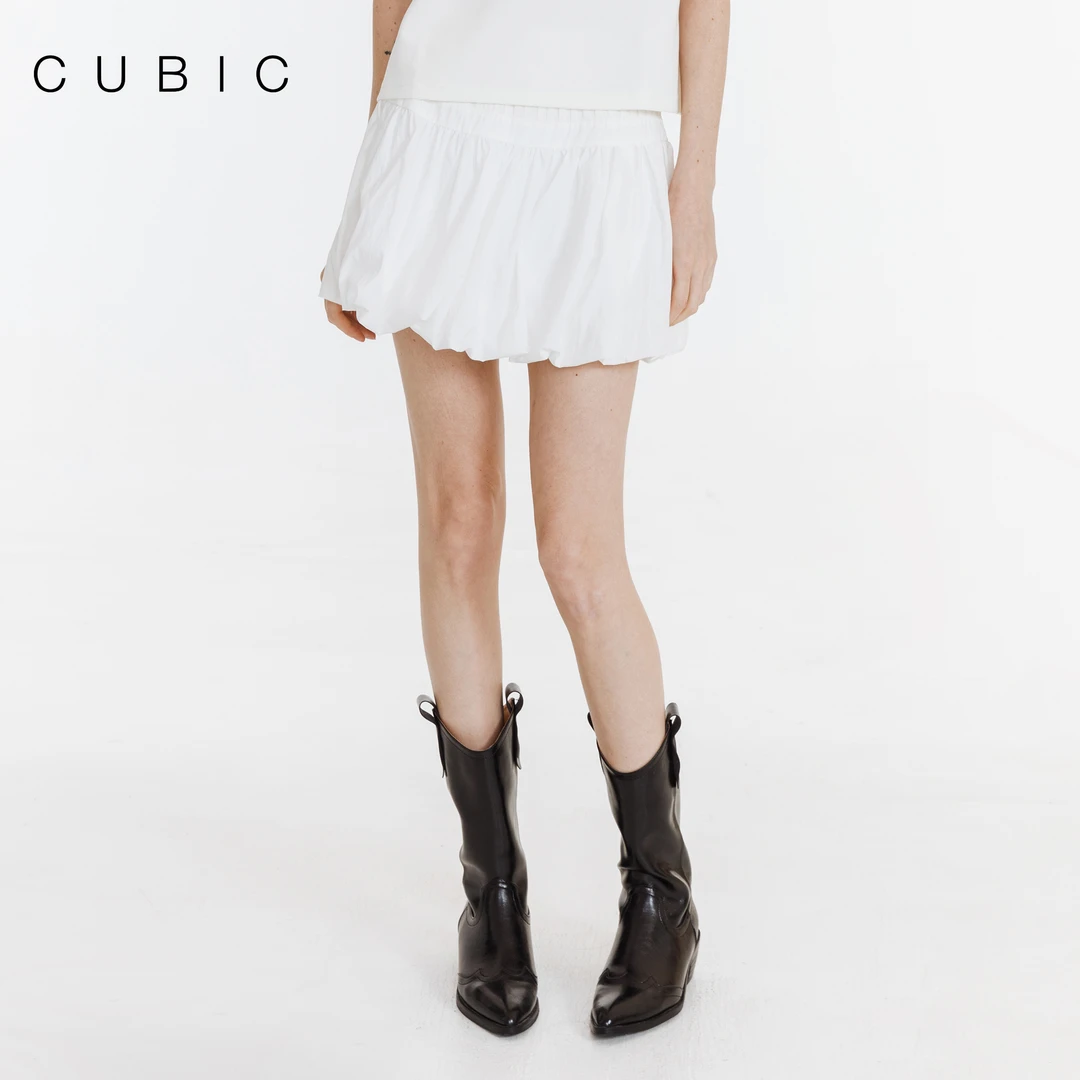 CUBIC甜美气质褶间拼接收腰百搭花苞短裙纯色清凉夏日出街穿搭