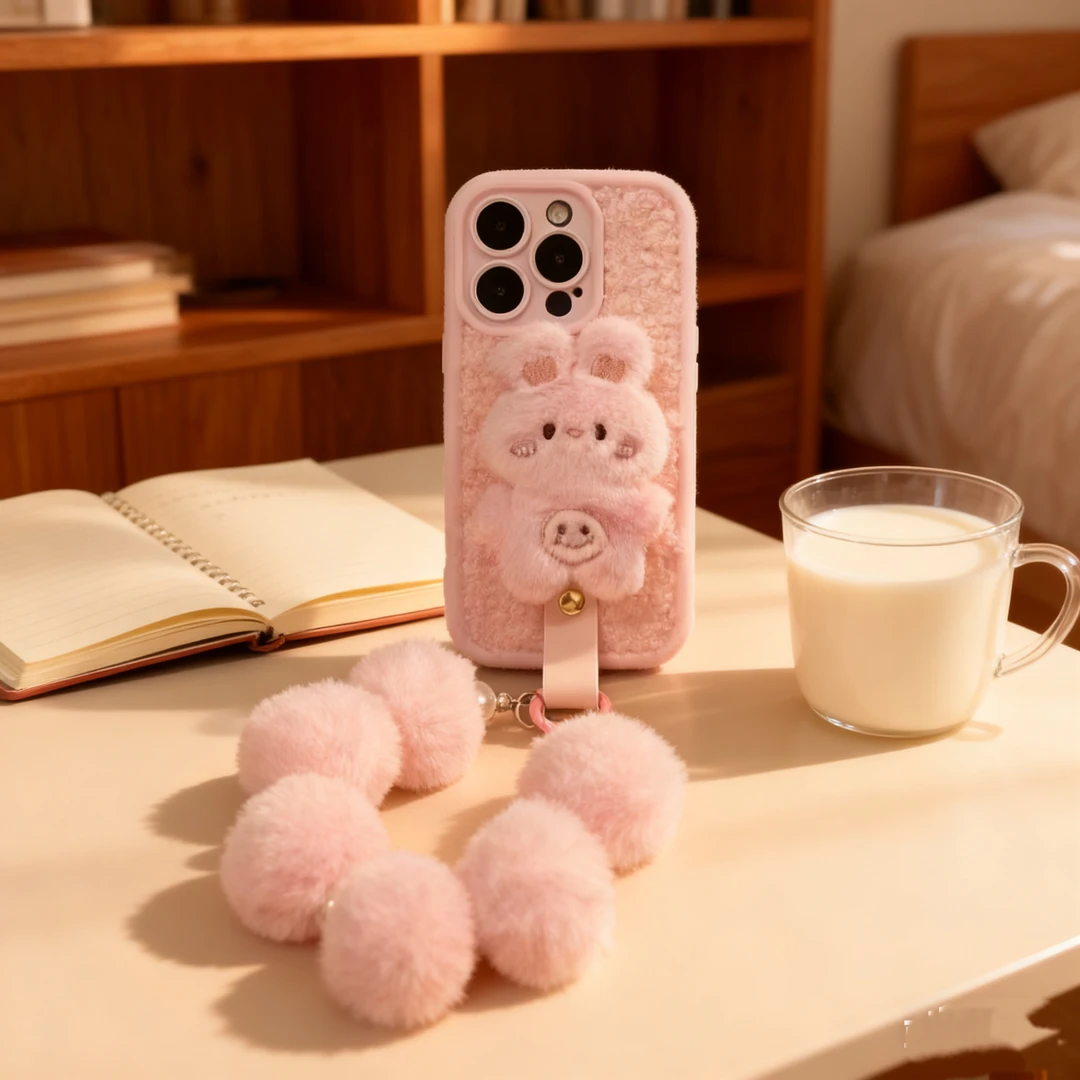 秋冬毛绒萌兔手机壳适用iPhone17promax毛绒手链华为可爱vivo