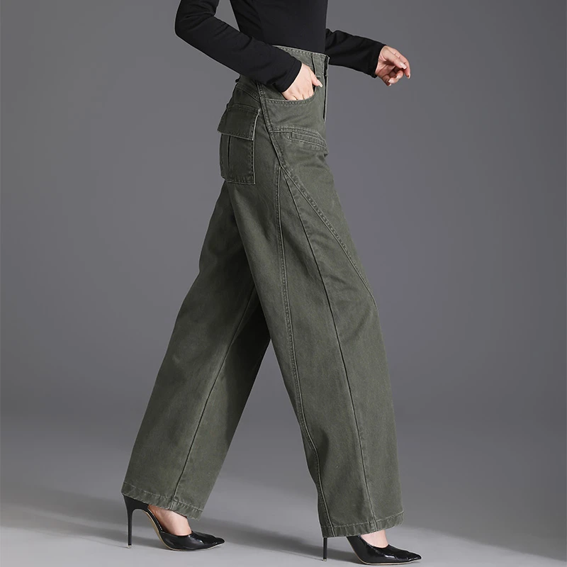 高腰阔腿裤拼接宽松直筒时尚军绿色2025春秋新款大码休闲牛仔裤女