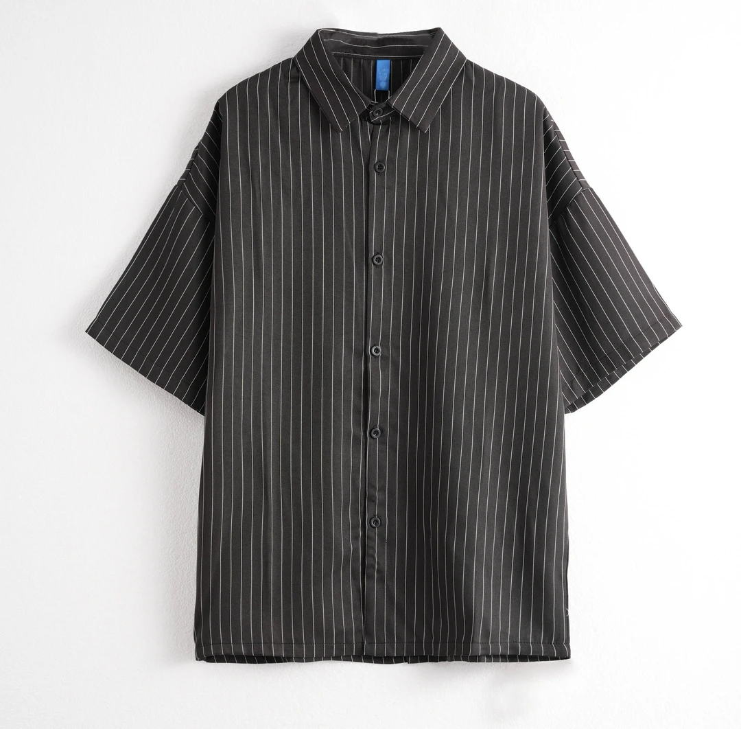 30650-短袖纯色衬衫条纹竖条纹经典夏季开衫衬衫