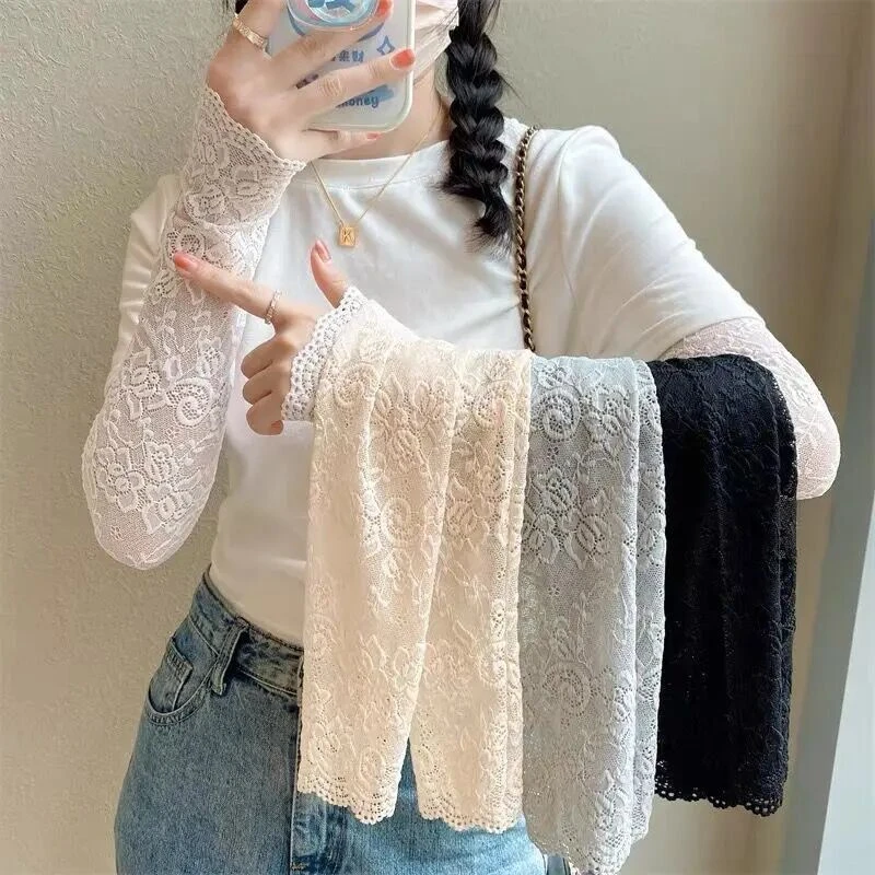 女2025新款夏季户外ins开车冰丝袖套韩国百搭防晒纯色蕾丝袖套手