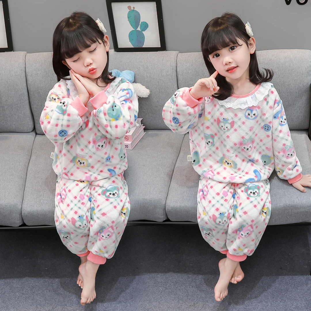 儿童睡衣法兰绒小女孩秋冬季中小童保暖套装珊瑚绒冬款女童家居服
