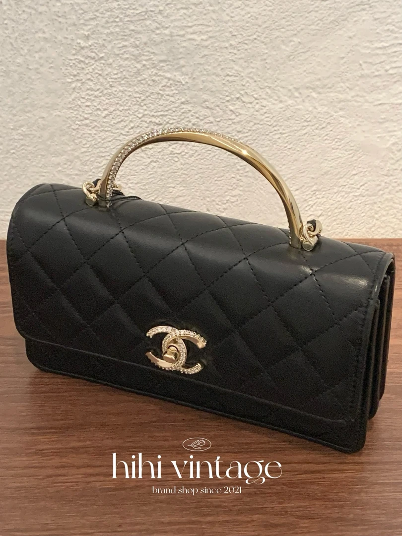 99新 Chanel/香奈儿 HIHI/24K黑色镶钻金扣风琴包新镭射/12576910