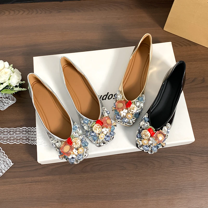 平底法式增高春季水钻秋季单鞋尖头豆豆鞋夏季平底鞋复古瓢鞋