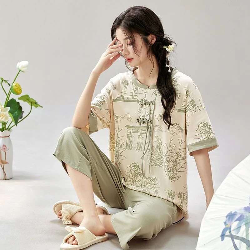 短袖圆领可爱短裤睡衣夏天少女网红夏季仿棉家居服女套装