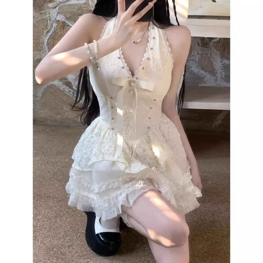 纯欲风挂脖无袖连衣裙女夏季小个子生日公主裙收腰蓬蓬蛋糕短裙子