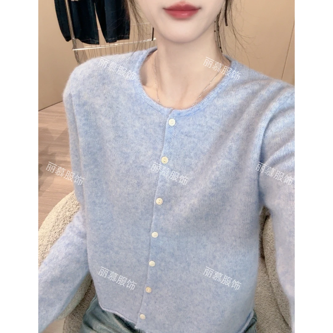 【雾霾蓝】小个子韩版踏春穿搭单排扣减龄洋气针织开衫上衣1529