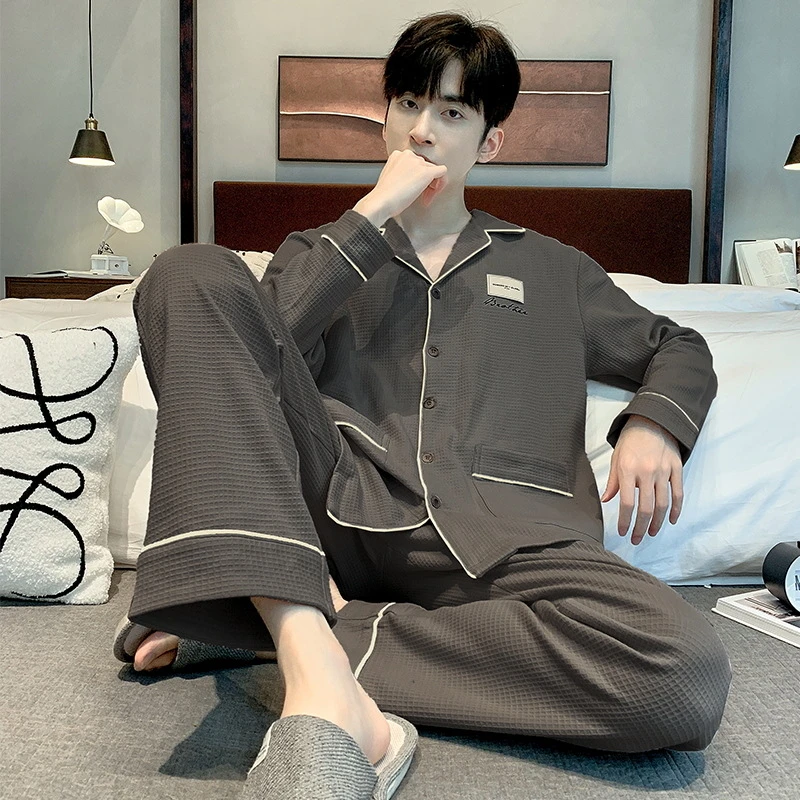 华夫格睡衣男士2025年春秋款开衫青少年加大码可外穿家居服套装