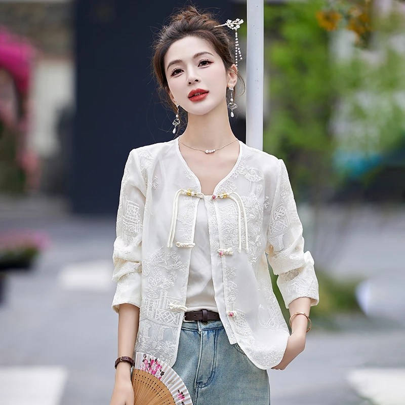 白色小香风刺绣薄款外套女2025春夏新款名媛气质新中式盘扣衣