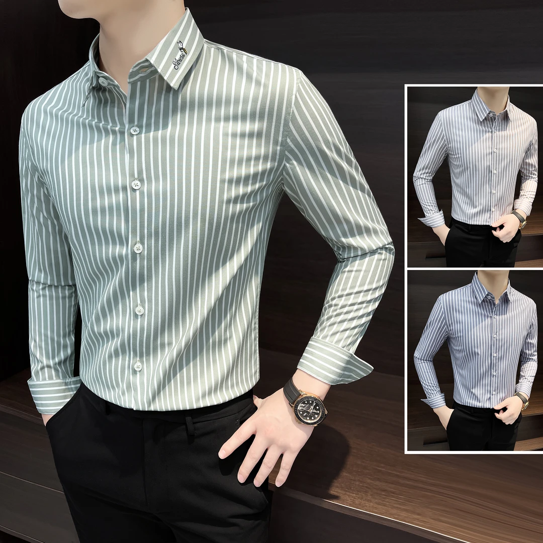 刺绣条纹长袖衬衫男款爆款2025新款正品痞帅男装修身高档男士衬衣