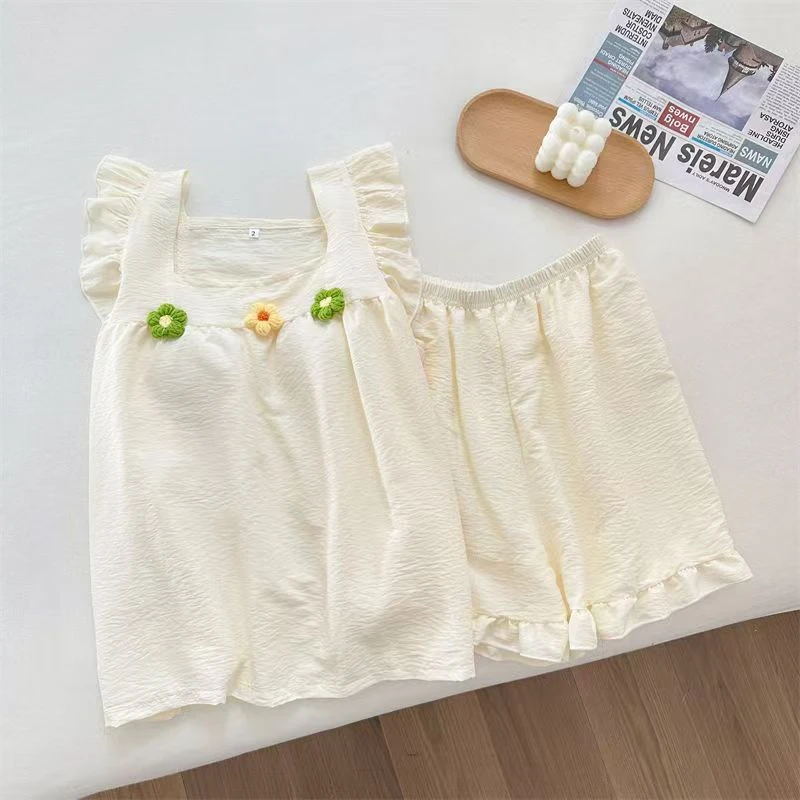 413女士睡衣春秋季棉质薄款短袖短裤大码两件套可开衫透气家居服