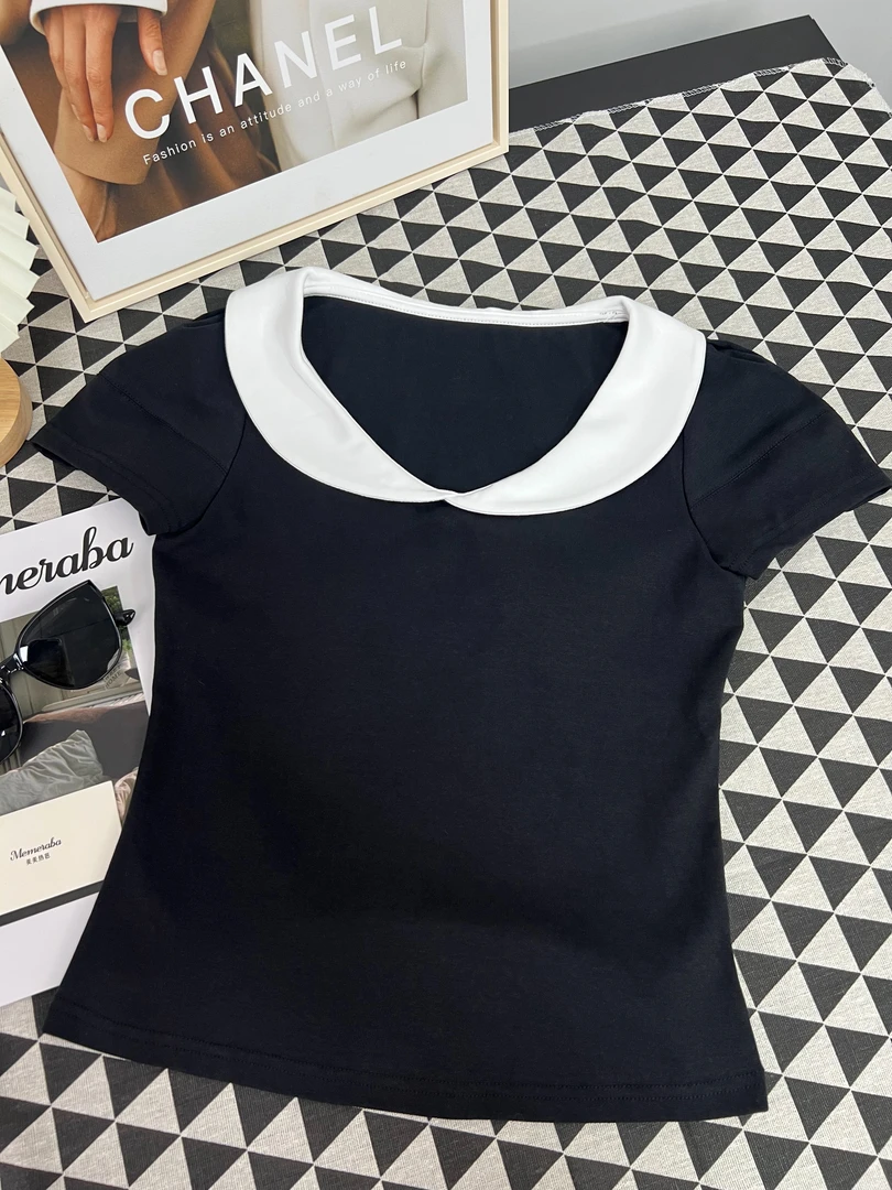 自由假日95棉3色赫本风翻领显瘦tee百搭黑色假两件修身上衣夏季
