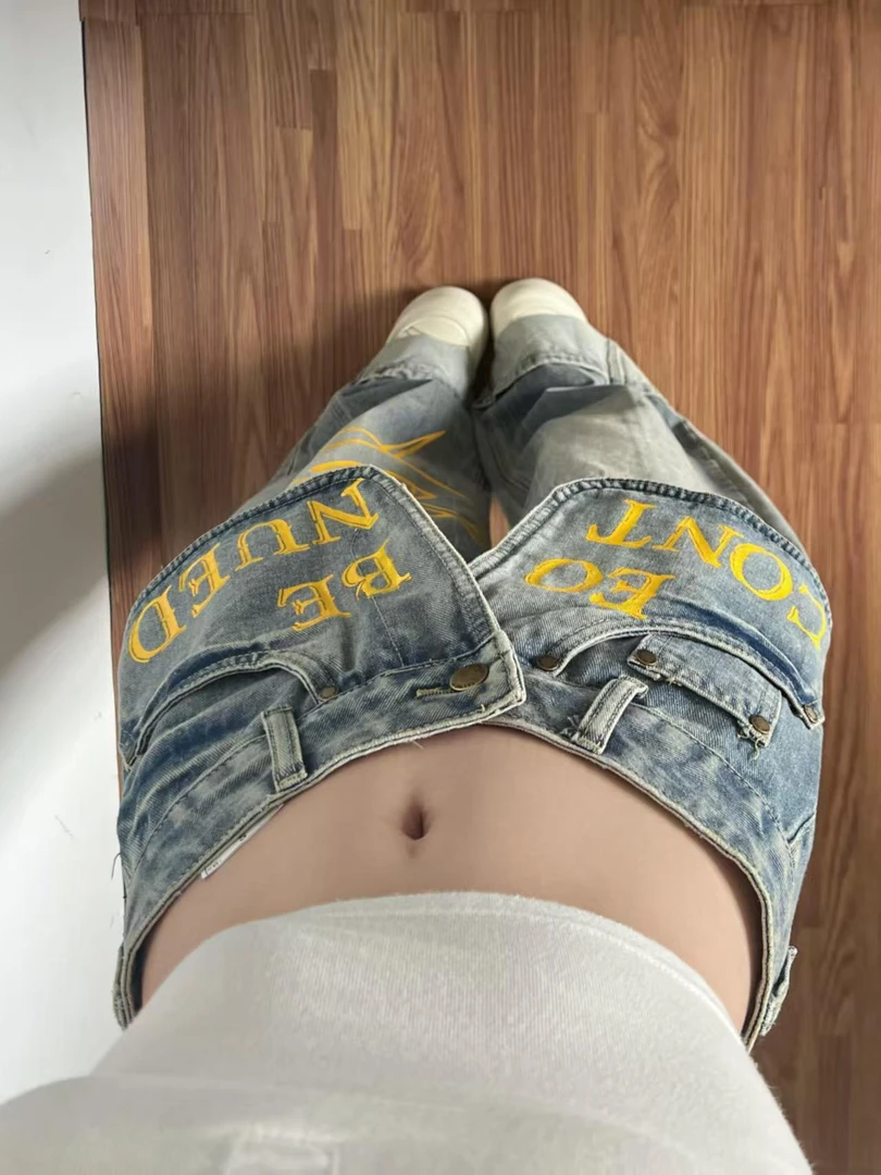 美式复古双腰搭片印花牛仔裤女秋冬款假俩件叠穿裤子阔腿裤子