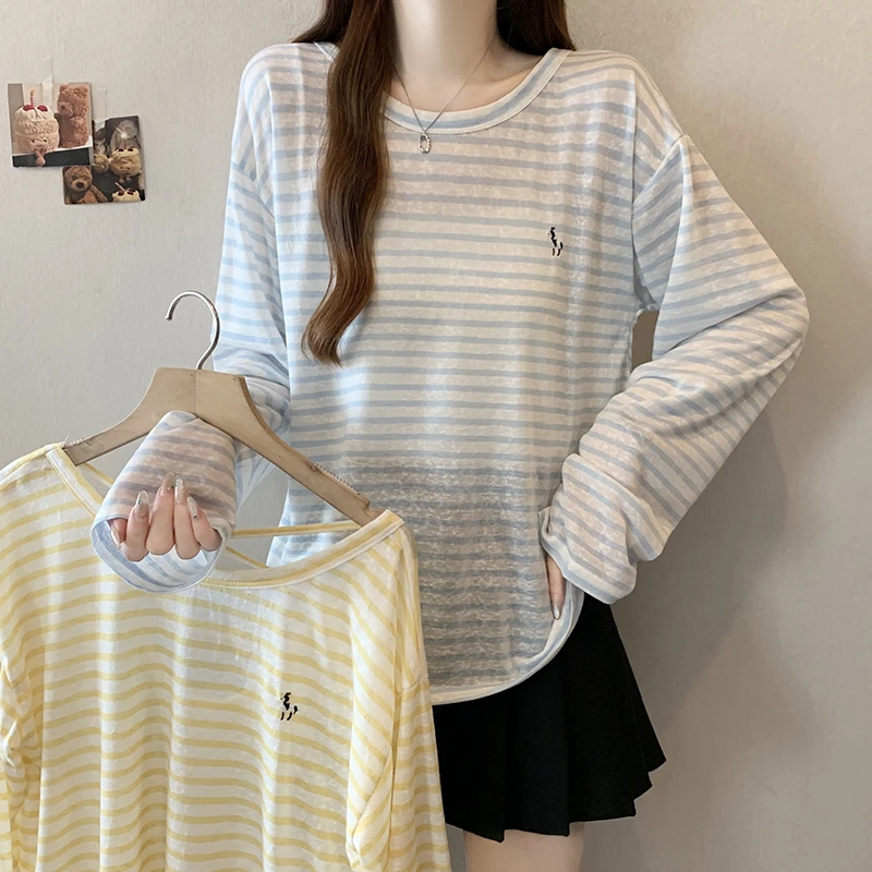 2025夏装新款胖mm大码女时尚条纹冰丝轻薄防晒长袖上衣