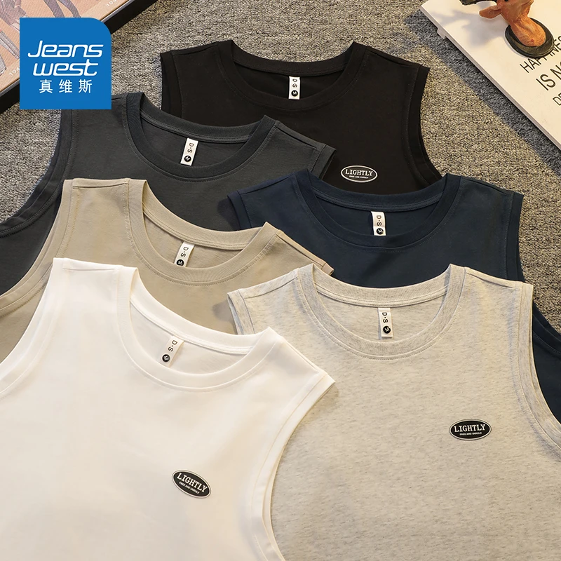 Jeanswest/真维斯潮流健身背心男士夏季宽松美式纯棉休闲无袖T恤