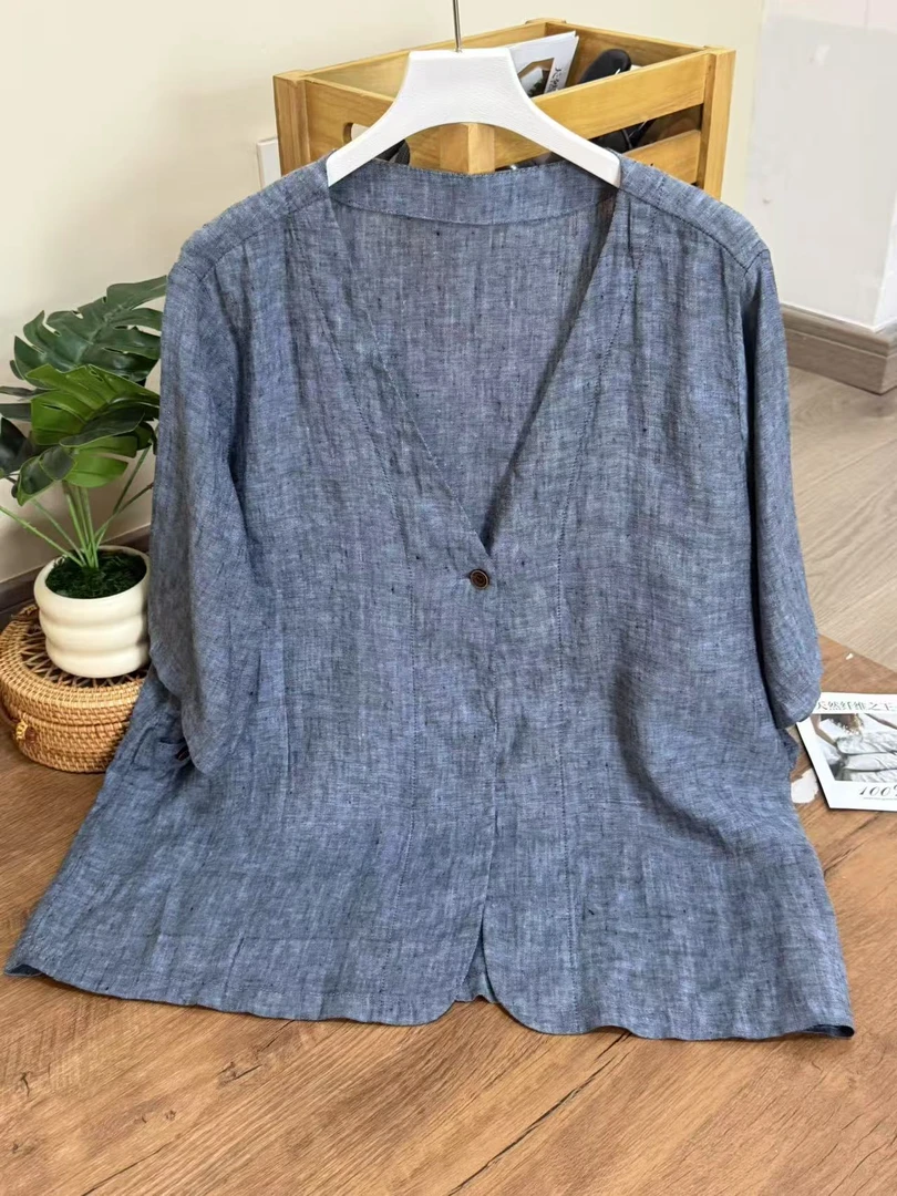 【云目悠悠】春夏季宽松一粒扣V领女士短袖开衫衬衫-2025529