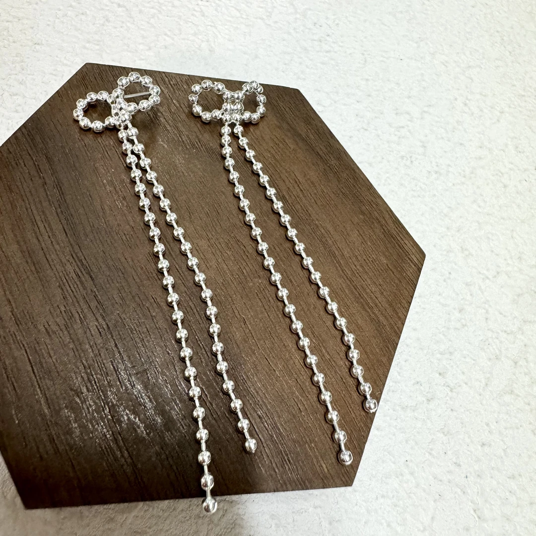 925银耳饰 圆珠蝴蝶结时尚轻奢气质个性仙美长款-蝴蝶结流苏0465