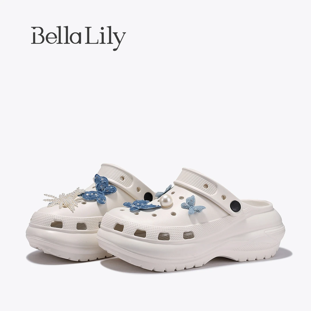 BellaLily2025夏季新款小个子厚底洞洞鞋外穿沙滩拖鞋女百搭半拖