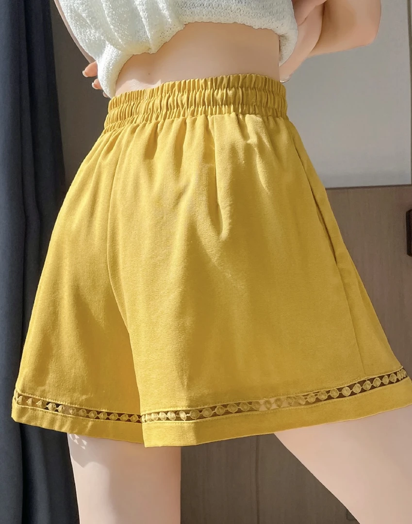 韩系松紧腰镂空拼接休闲短裤女夏季新款时尚百搭显瘦阔腿短裤