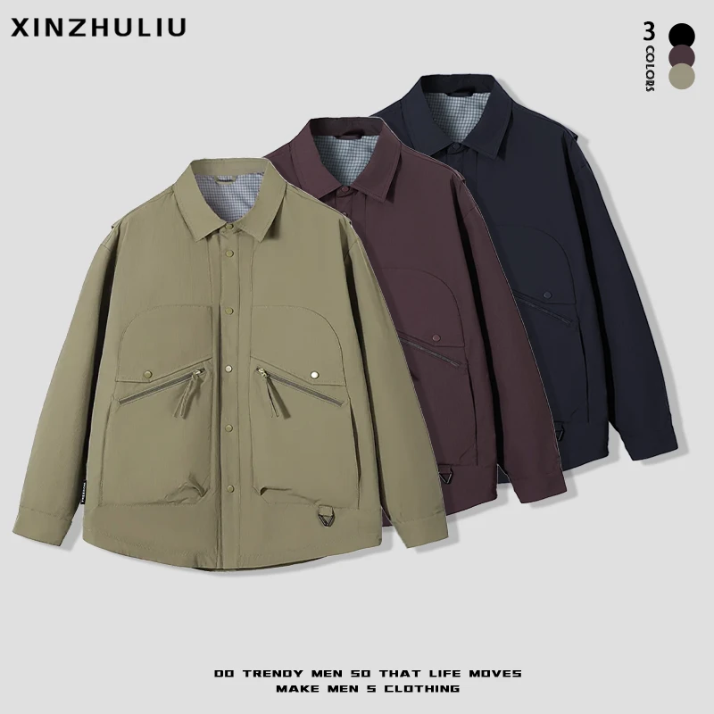 【纯色工装翻领衬衣外套】潮流百搭翻领休闲衬衣外套2516