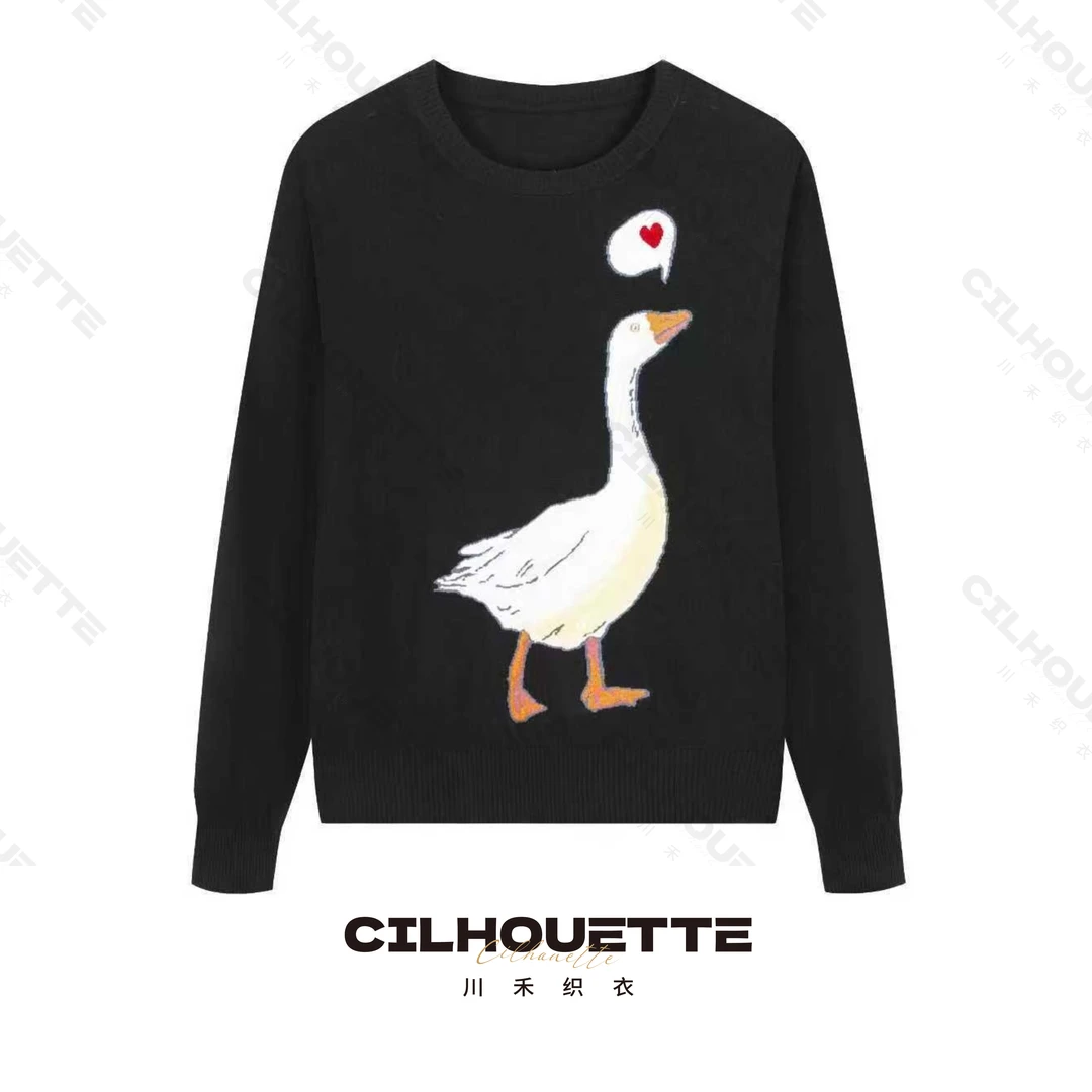 川禾织衣 早秋幸运“鹅”提花羊毛针织套头衫薄款透气轻奢针织衫