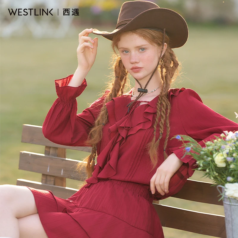 0211复古拼接荷叶边V领系带衬衫女2025春季衬衣