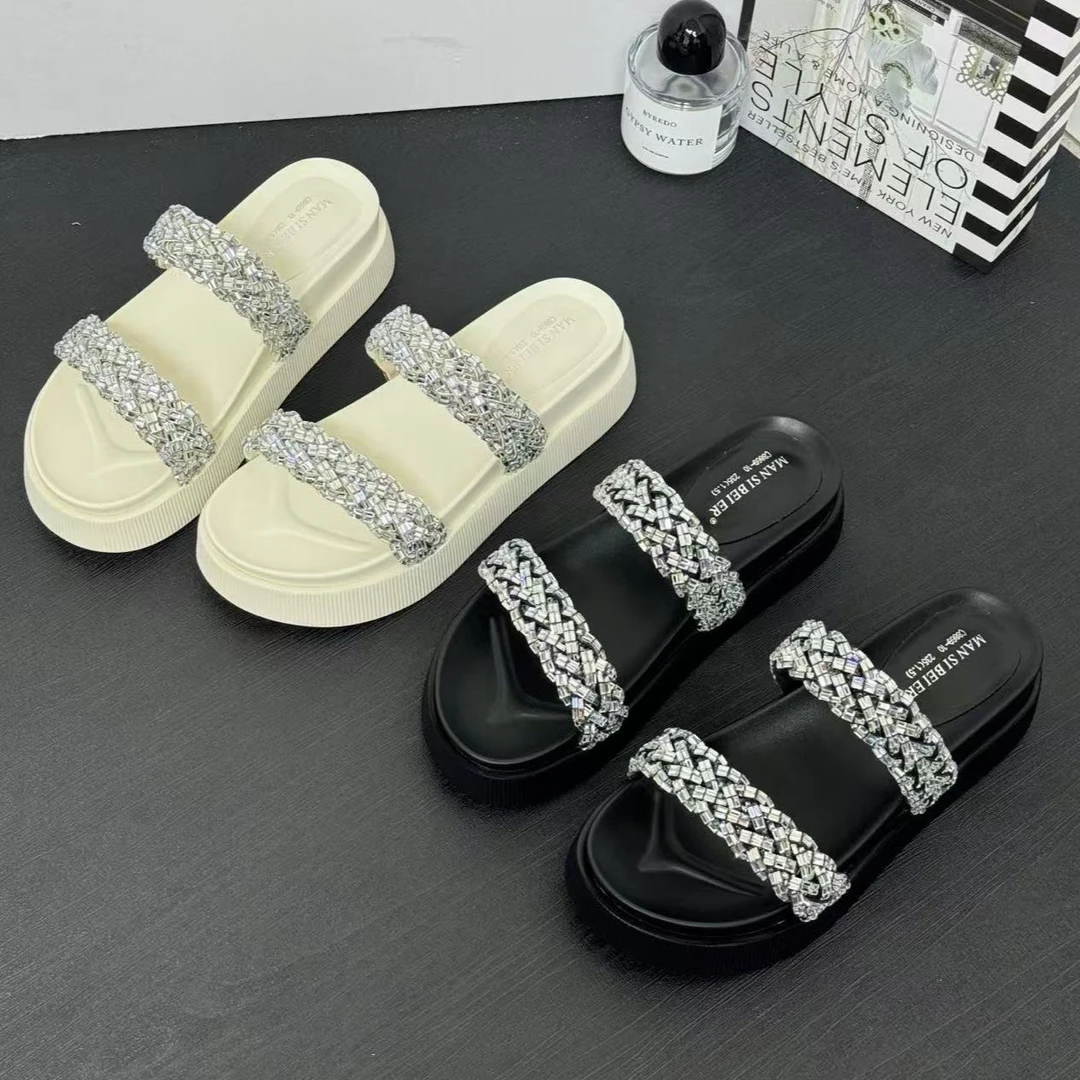 粗跟厚底增高水钻一字拖鞋女夏季防滑防滑凉拖女鞋C8869-10