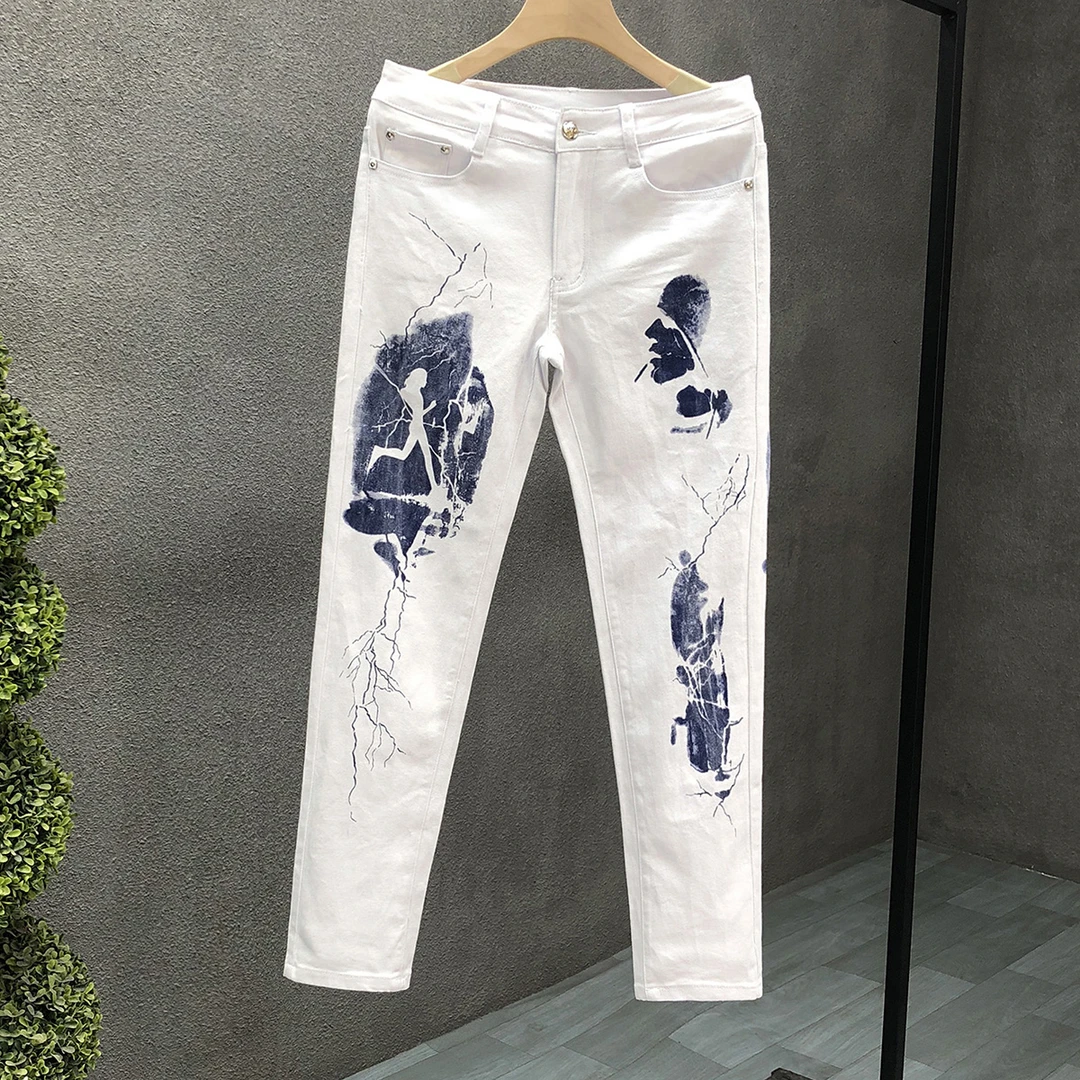 约文库费白色印花个性牛仔裤男士潮牌修身小脚裤春秋中腰直筒长裤