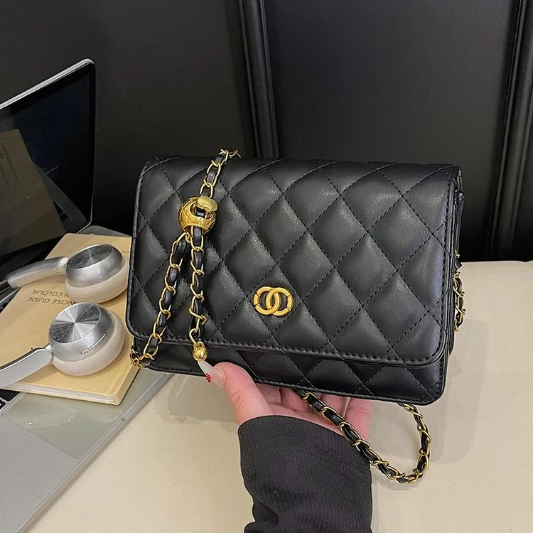 轻奢小香风发财包转运鱼子酱菱格链条包迷你背包单肩斜挎包黑色包