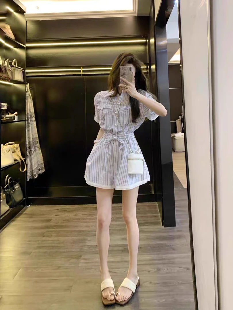 【晓晓】2025超火连体裤夏季新款气质千金甜美蝴蝶结条纹衬衫裙裤