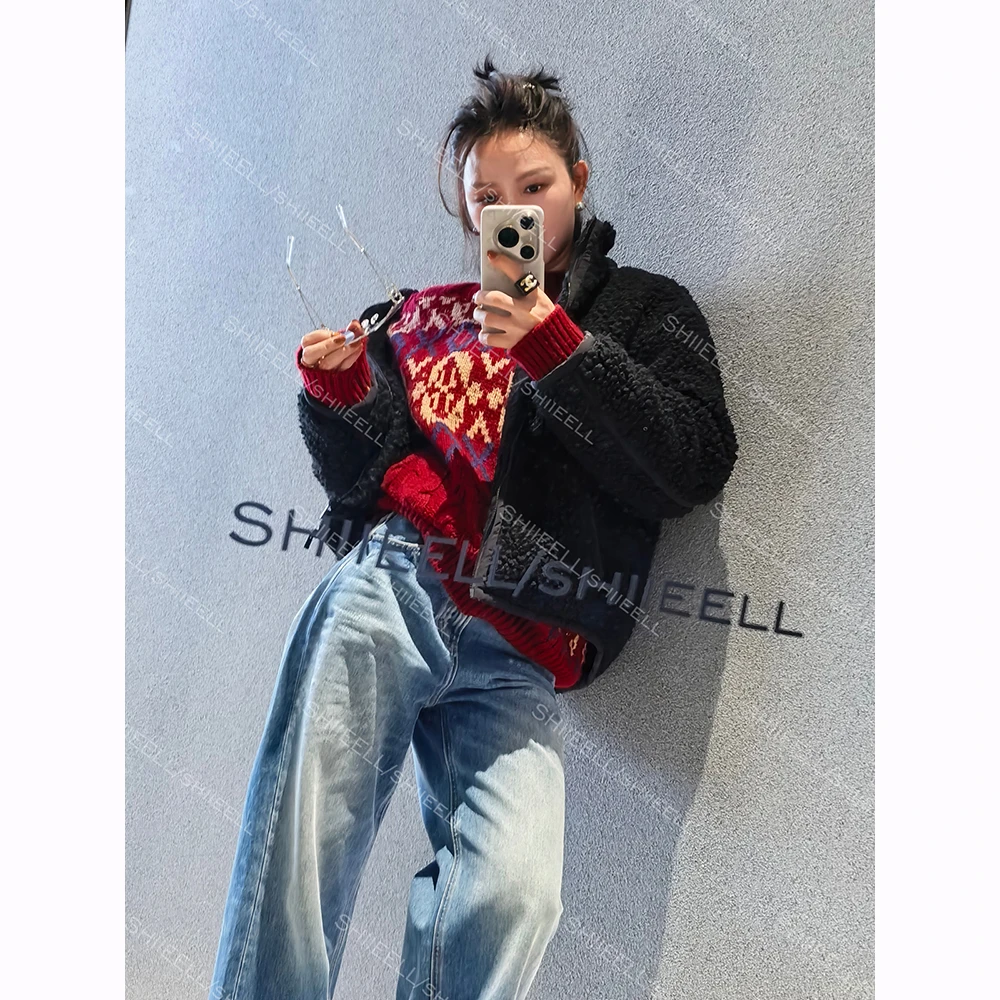 SHIIEELL【温暖颗粒】颗粒绒蓬松时尚加厚宽松拼接口袋外套Z3209