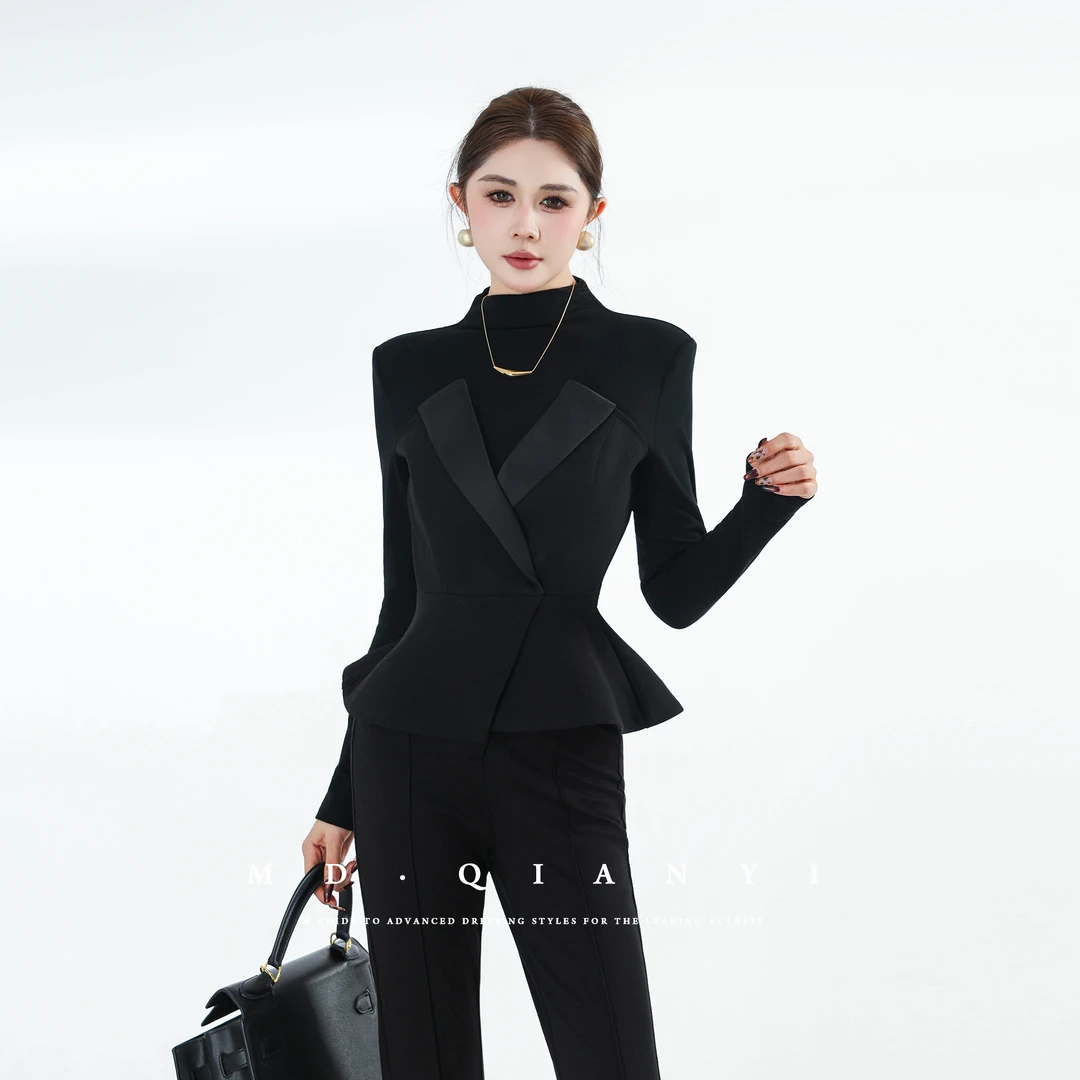 MD定制·杨千亿【黑羽墨云】2025冬季新款拼接收腰显瘦百搭长袖上衣