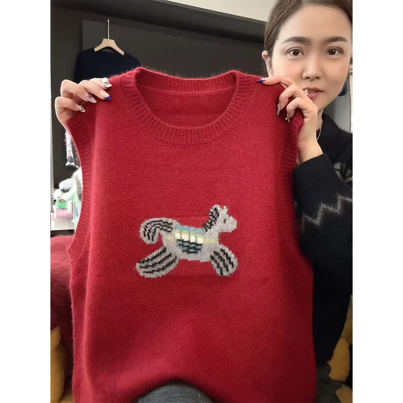 跳跃小马」氛围感~冬季小马提花圆领针织马甲叠穿百搭上衣-5681