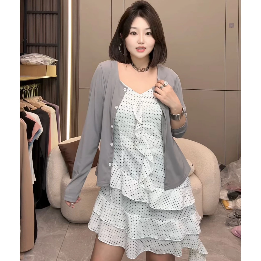 慧雯儿家自制款夏季波点吊带连衣裙+外披套装女