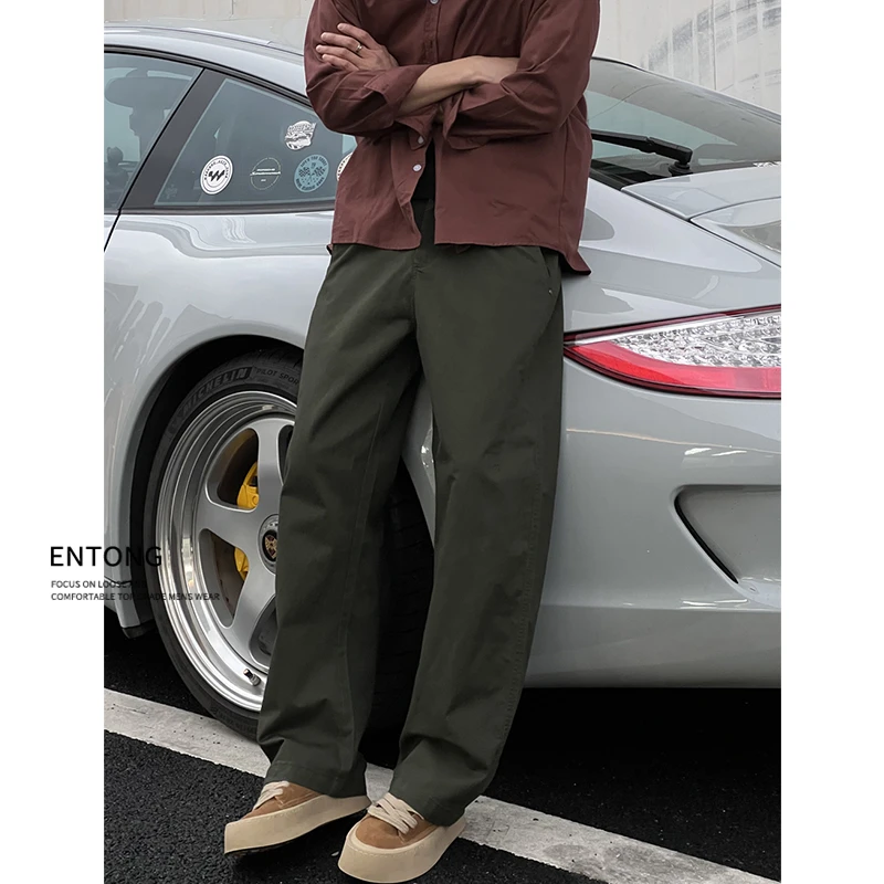 Entong高级感深绿色复古时尚休闲裤男生青春流行直筒做旧感长裤潮