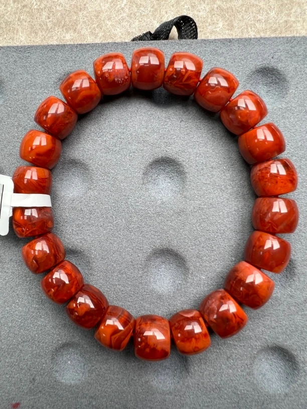 E49川料南红《超高性价比》满肉牛血火焰直切手串10mm（微白生长纹）