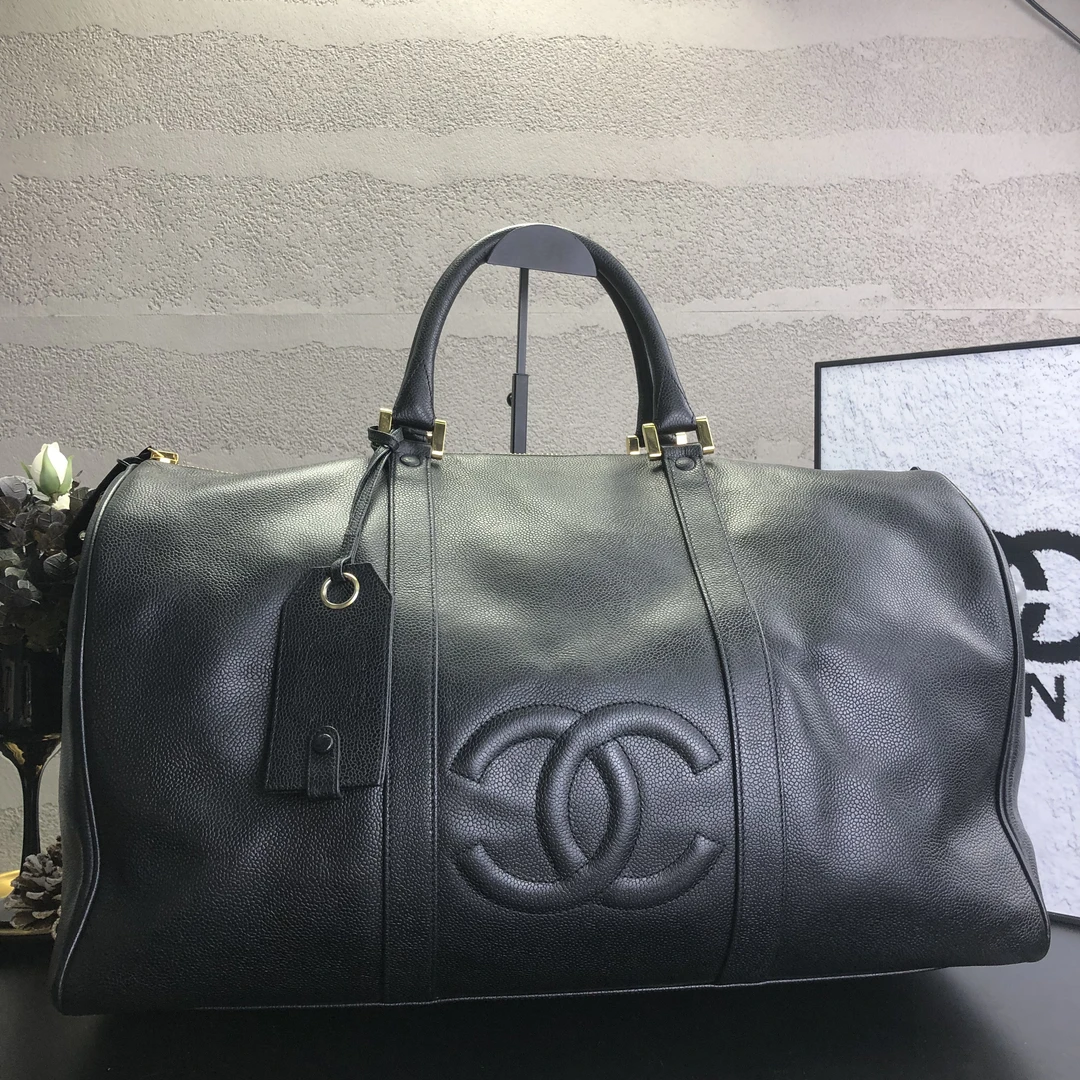 95新 Chanel/香奈儿 黑金荔枝纹波士顿旅行包 底长49 3开