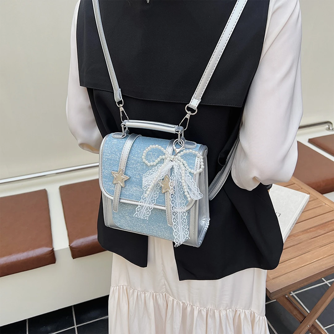 牛仔布双肩包女休闲小众设计韩版学生上课书包高级感轻便旅游背包