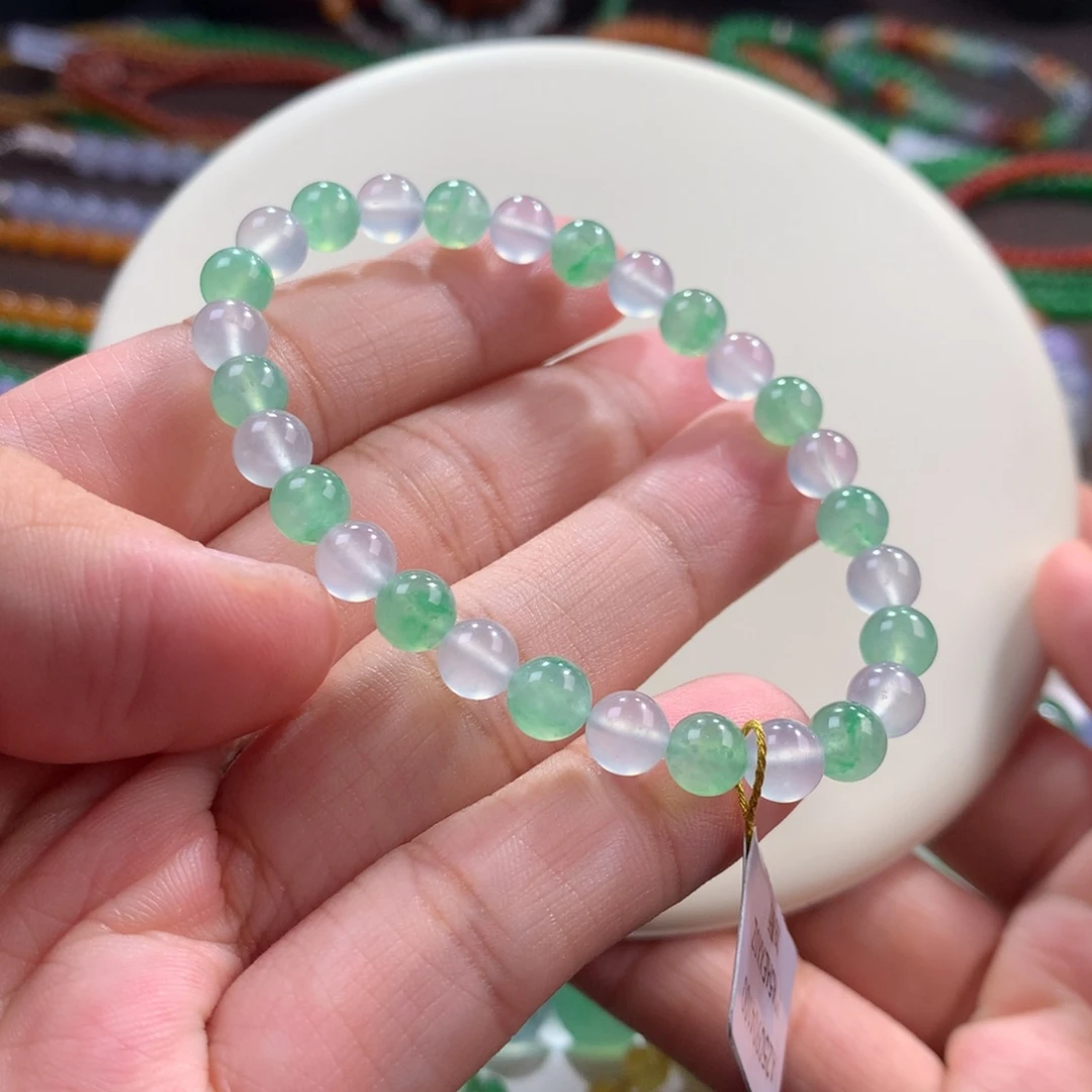 翡翠未镶嵌手链夏日小清新•木那金丝绿冰幻彩单圈卡6