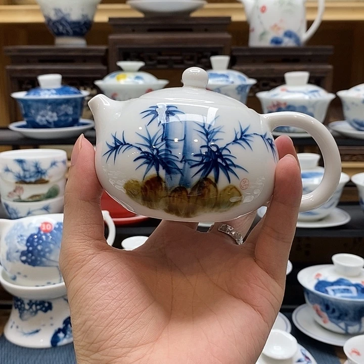 手绘竹子茶壶160釉下彩高温瓷微瑕福利款