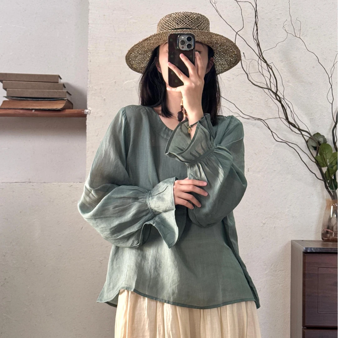 半自由2025新品宽松苎麻优雅长袖荷叶袖上衣复古文艺圆领衬衫
