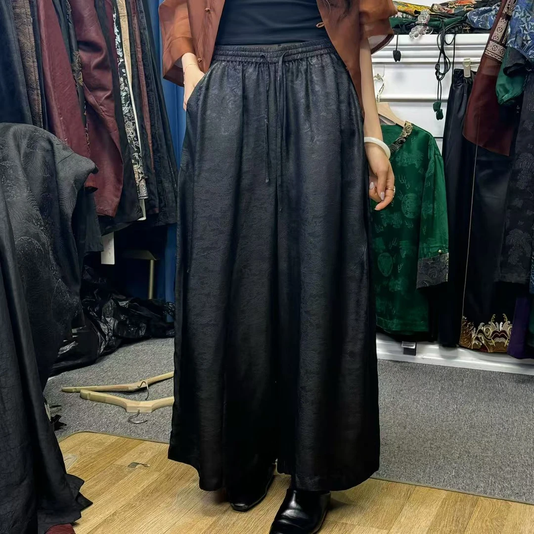适25116网红长款黑色双层阔腿裤宽松老料香云纱花苞裤子松紧腰