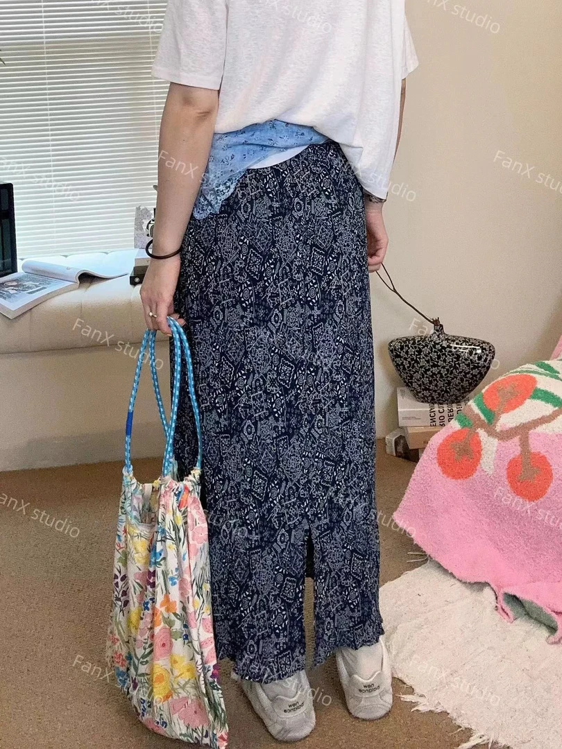 秋季新款蓝色碎花半身裙高腰显腿长复古气质开叉长裙Q31