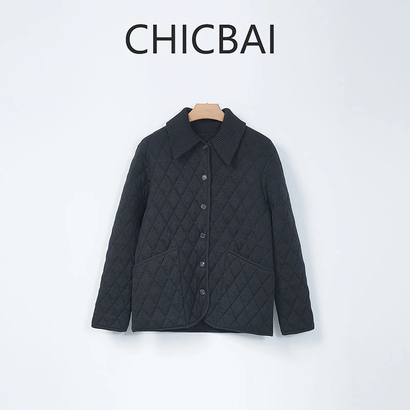 CHICBAI 蓄热轻盈保暖 针织领羊毛菱格棉衣外套