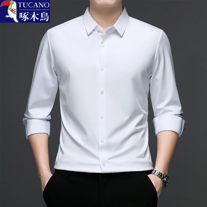 啄木鸟衬衫男款长袖秋冬季免烫抗皱锁温保暖商务休闲男士衬衣纯色