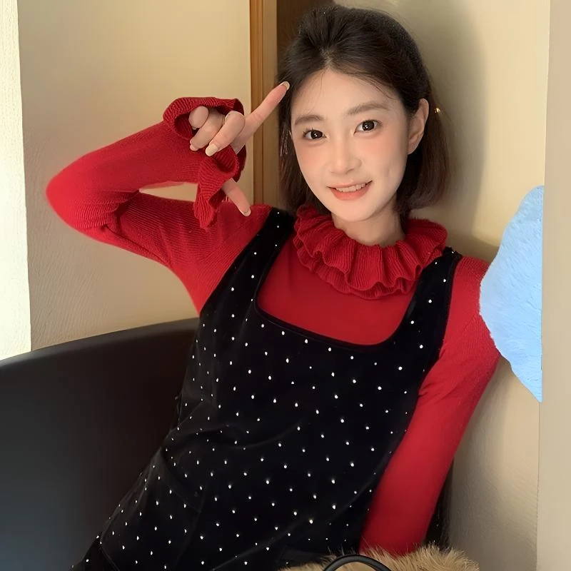 冬季时尚百搭休闲风木耳边领荷叶袖修身显瘦设计网红针织毛衣女款