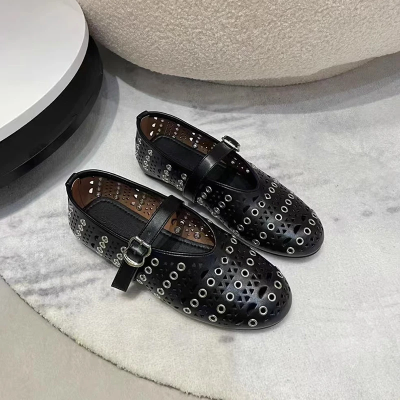 2025新款软面百搭一字带玛丽珍单鞋女平底洞洞女鞋晚晚鞋