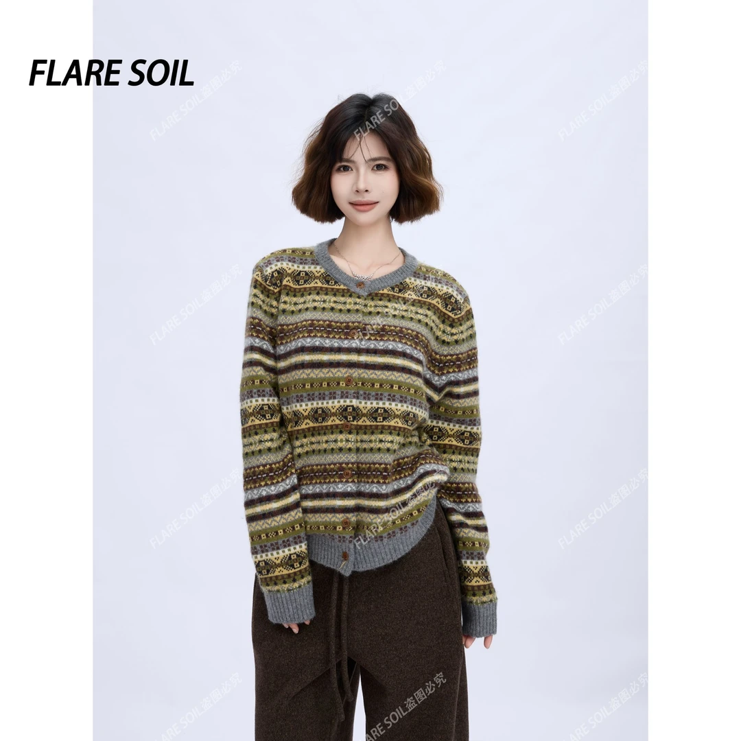 【FLARE SOIL】费尔岛提花开衫毛衣民族风圆领纽扣毛针织衫 T40092A