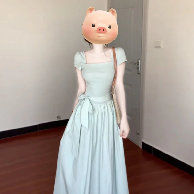 3541方领短袖连衣裙子女夏2025新款高级气质独特漂亮掐腰显瘦长裙