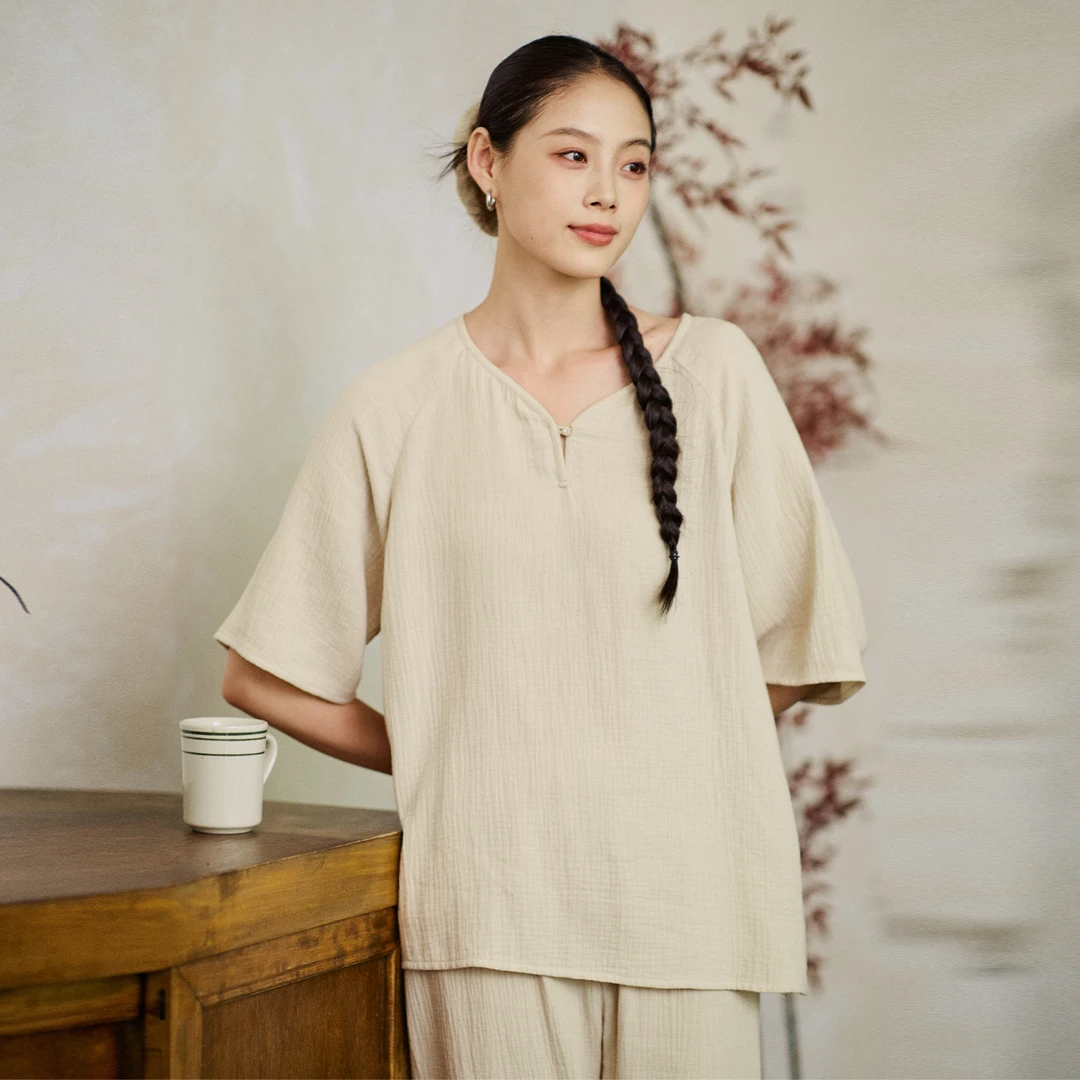 新款纯棉纯色简约休闲宽松睡衣睡裤发圈家居服套装女